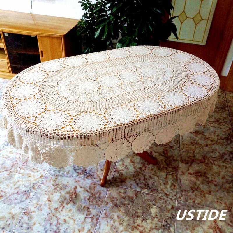 USTIDE Vintage Oval Crochet Tablecloth Beige Cotton Lace Table Cover Rustic Oval Table Overaly for Wedding/Party, 59"x82.6" - Image 4